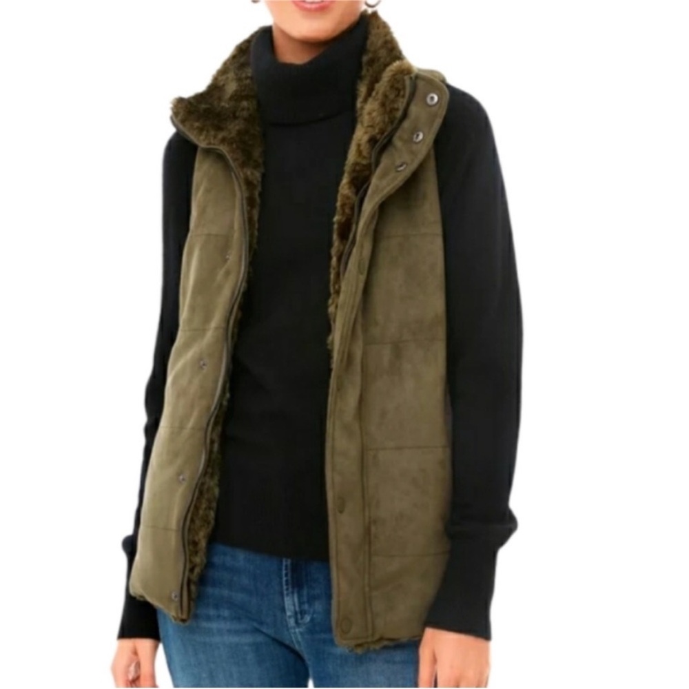 Tuckernuck Poblano Emilia Sm Reversible Olive Green Suede Faux Fur Vest EUC